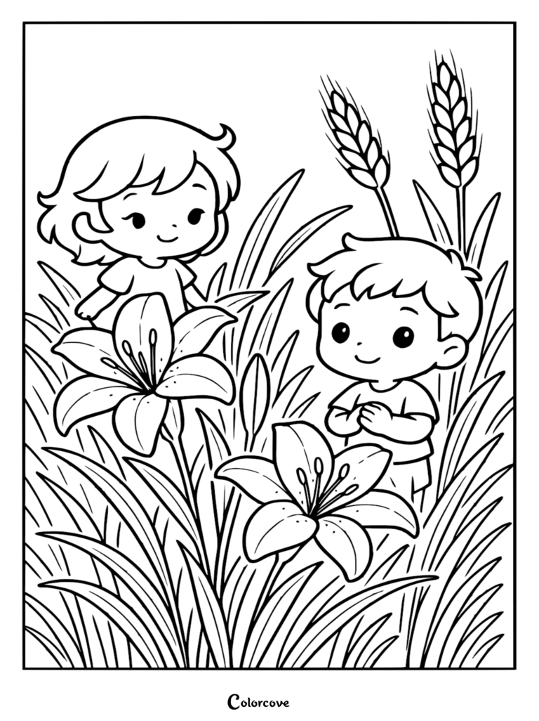 A cute coloring page featuring a young boy and girl standing amidst large lily flowers and tall grass stalks.
