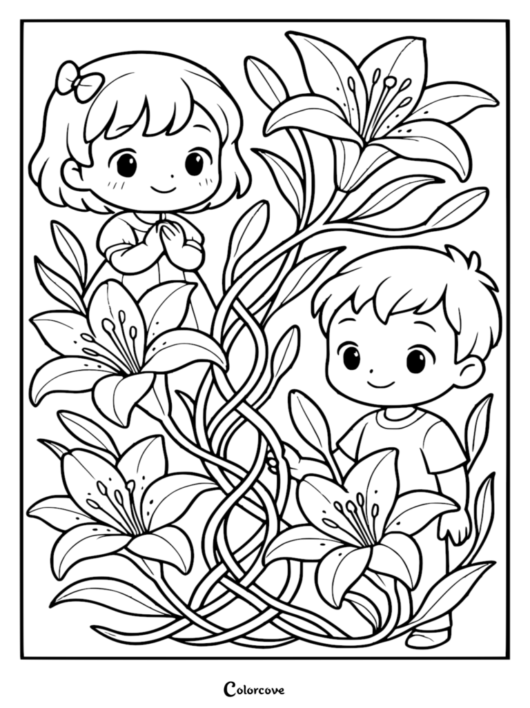 A cute boy and girl standing among giant, blooming lily flowers in this detailed line art coloring page.