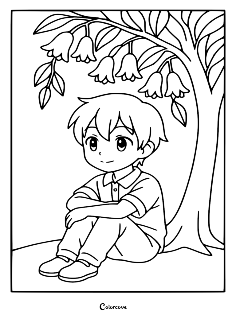 An anime-style boy sitting under a tree with hanging lily flowers in a black and white line art coloring page.