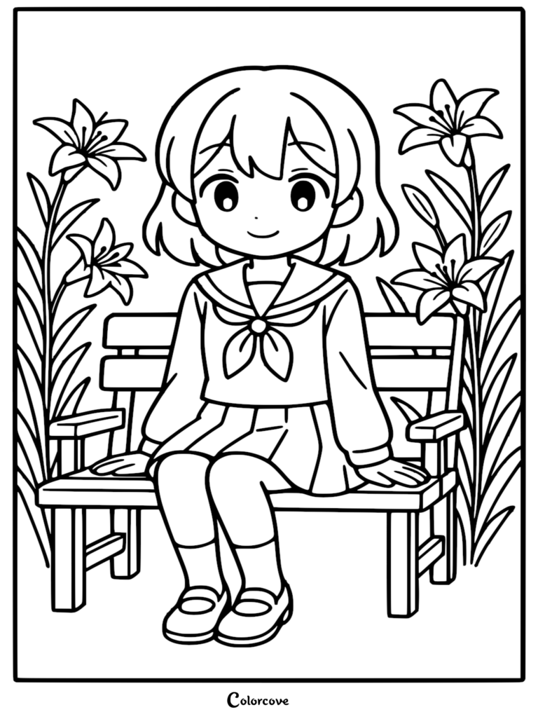 A cute anime girl in a sailor uniform sitting on a wooden bench between tall, blooming lily flowers in this printable coloring page.