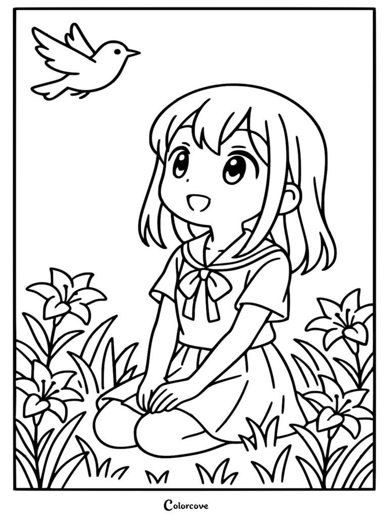 A cute anime girl in a school uniform kneeling in a field of blooming lilies while watching a bird fly overhead, printable coloring page.
