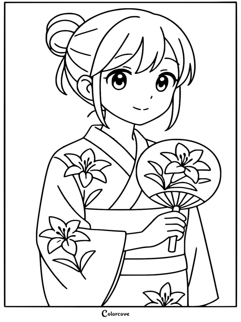 A cute anime girl with a hair bun wearing a kimono patterned with lily flowers while holding a round uchiwa fan featuring a lily illustration in this line art coloring page.
