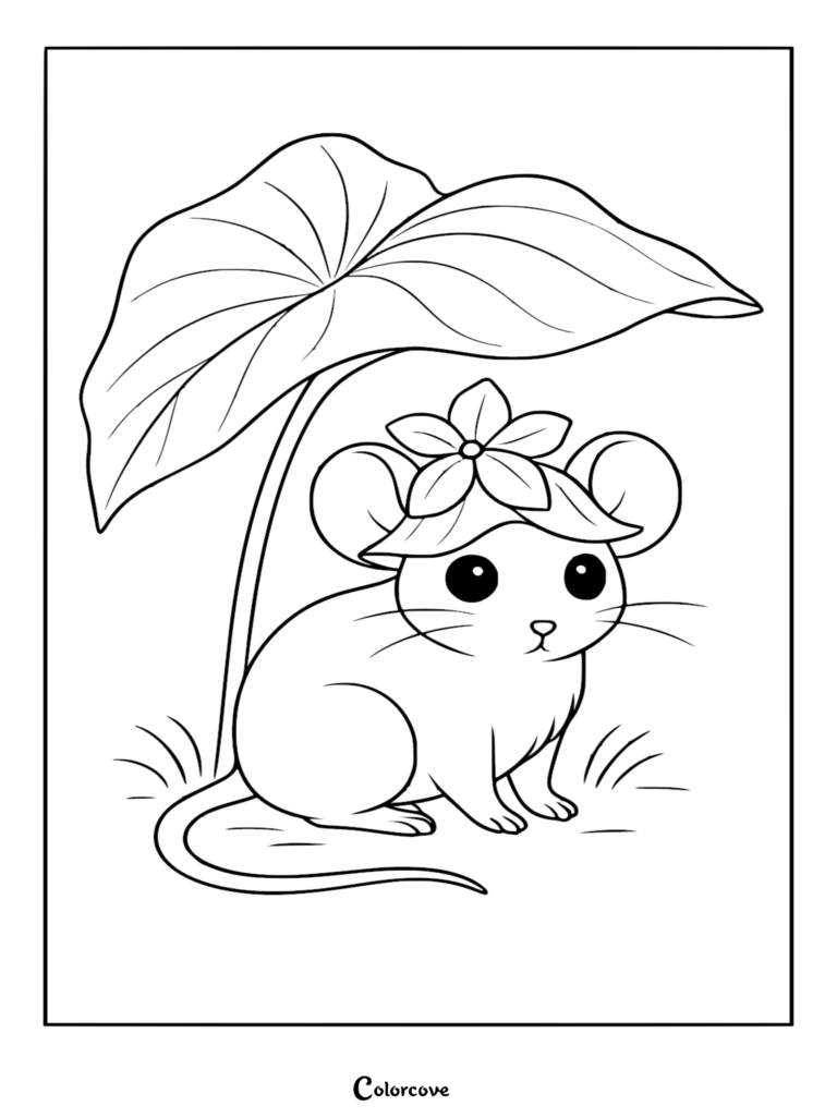 A cute cartoon mouse wearing a lily flower as a hat while sitting under a large lily pad leaf, black and white coloring page.