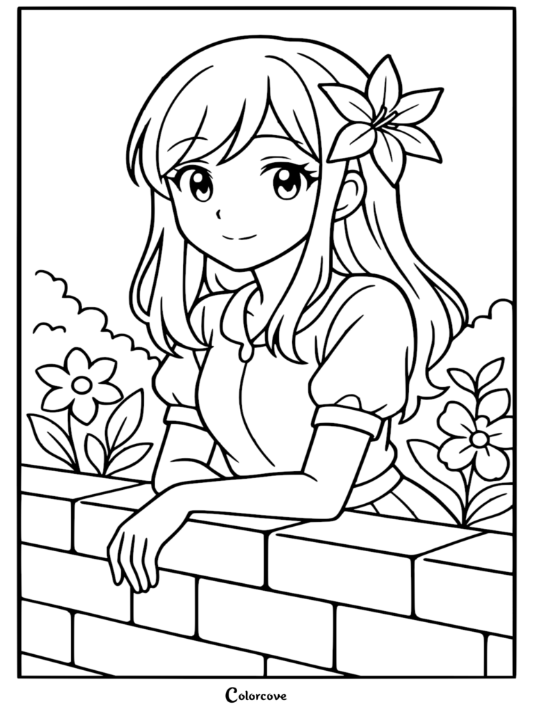 A cute anime girl with a lily tucked behind her ear leaning over a stone brick wall, printable line art coloring page.