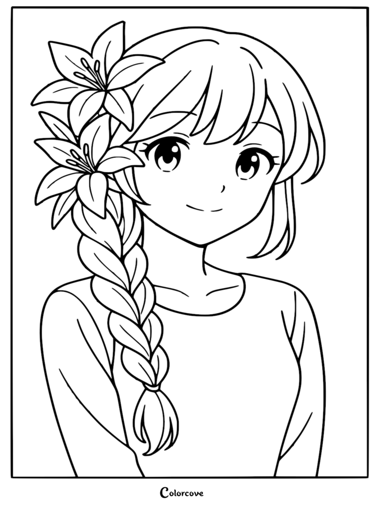 A printable coloring page featuring a smiling anime girl with a thick braided hairstyle adorned with blooming lilies.