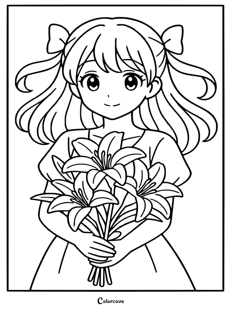 Anime girl with pigtails holding a large bouquet of lilies, line art coloring page.