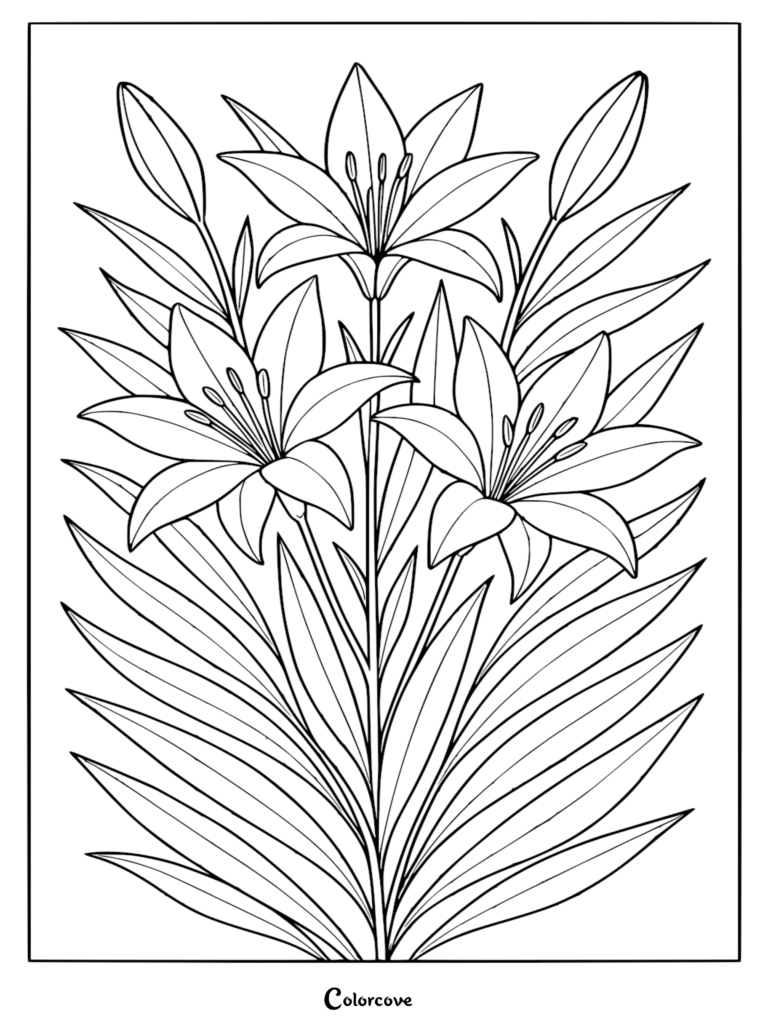 A detailed coloring page featuring three blooming lilies with long pointed petals surrounded by slender lance-shaped leaves and unopened buds.