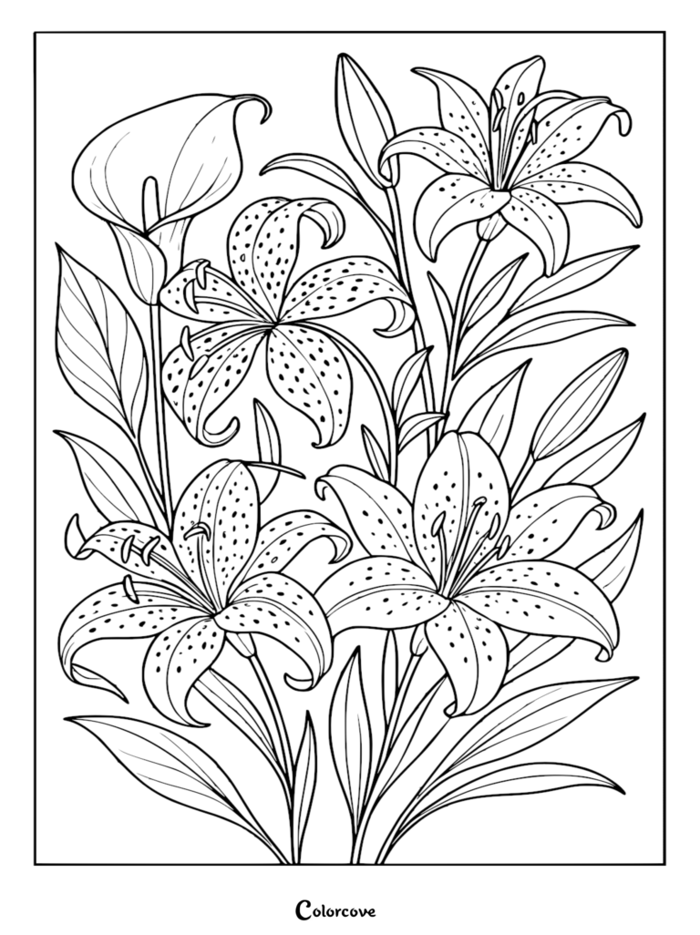 A detailed coloring page featuring a bouquet of speckled tiger lilies and a single smooth calla lily surrounded by pointed foliage.