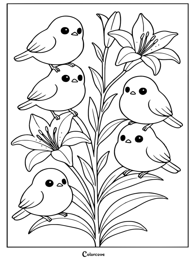 A printable coloring page featuring four round, cartoonish birds perched on a tall, blooming lily plant with long leaves.