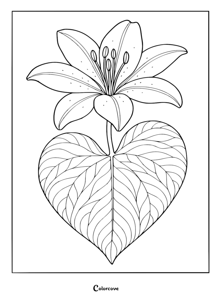 A printable coloring page featuring a blooming lily flower with long stamens sitting atop a large, intricate heart-shaped leaf.