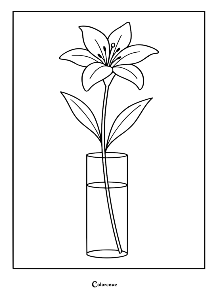 A printable coloring page featuring a single elegant lily with two pointed leaves sitting inside a tall, clear glass cylinder vase.