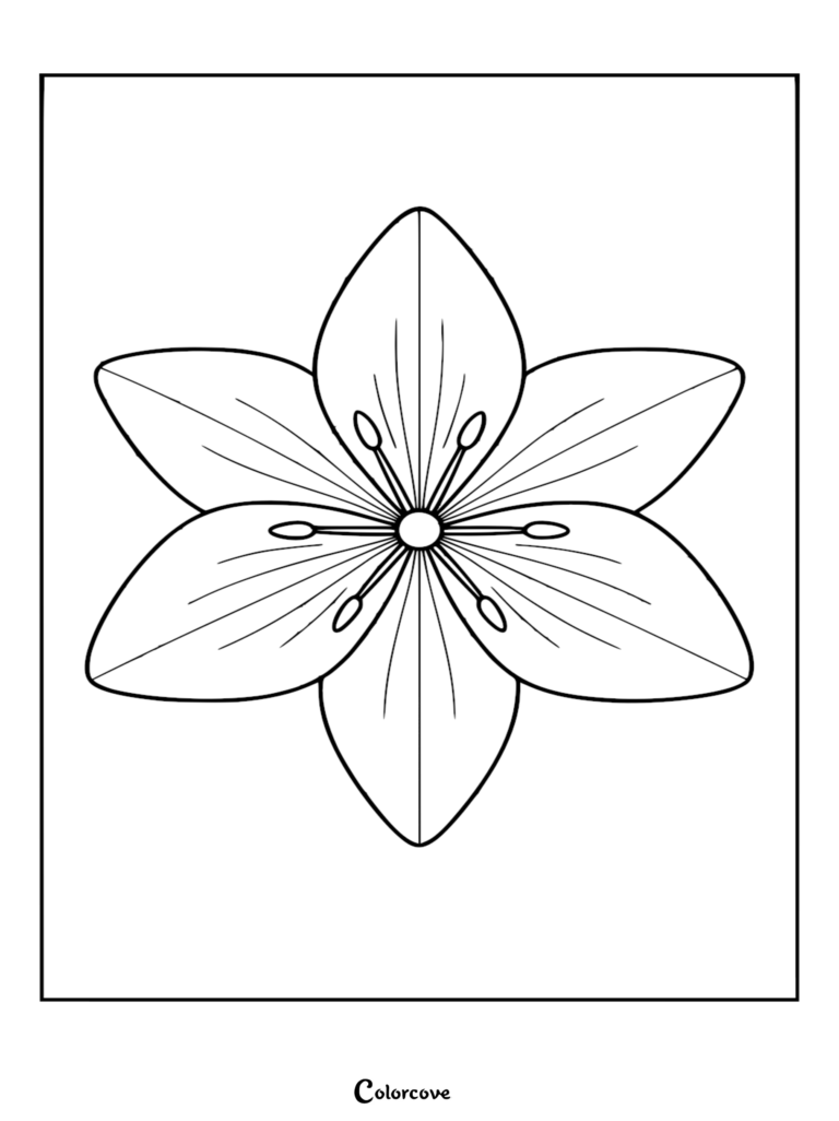 A symmetrical six-petaled lily coloring page with prominent stamens and delicate petal veins.