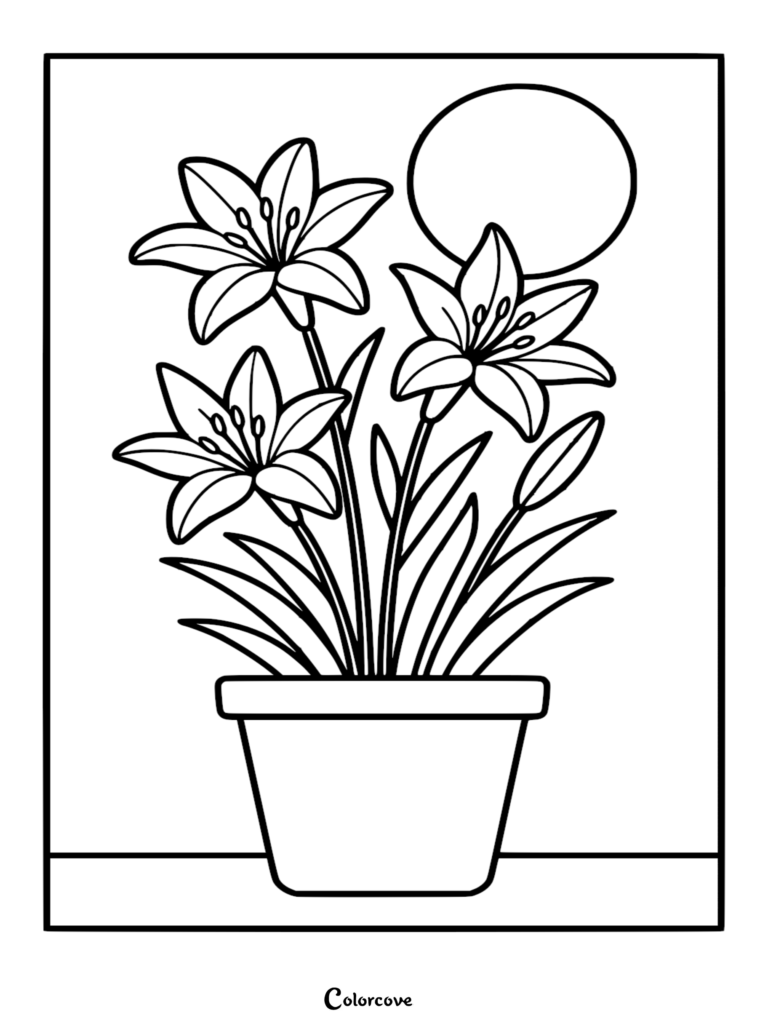A printable coloring page featuring three blooming lilies and a single bud in a simple pot with a large circular sun in the background.