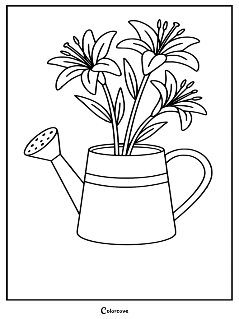 A printable coloring page featuring a bouquet of three blooming lilies arranged inside a simple metal gardening watering can.