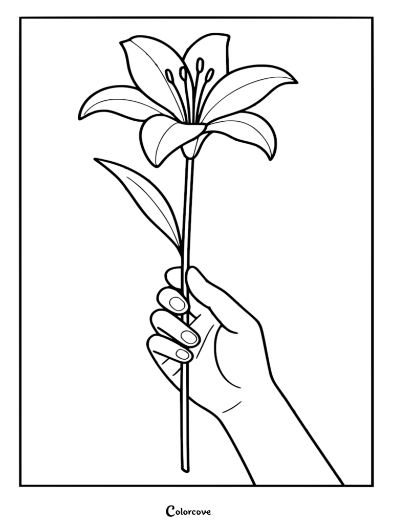 A simple black and white coloring page showing a human hand holding a single blooming lily flower with one pointed leaf on the stem.