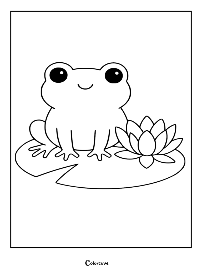 A cute cartoon frog with big eyes sitting next to a blooming lily flower on a lily pad, simple line art coloring page.
