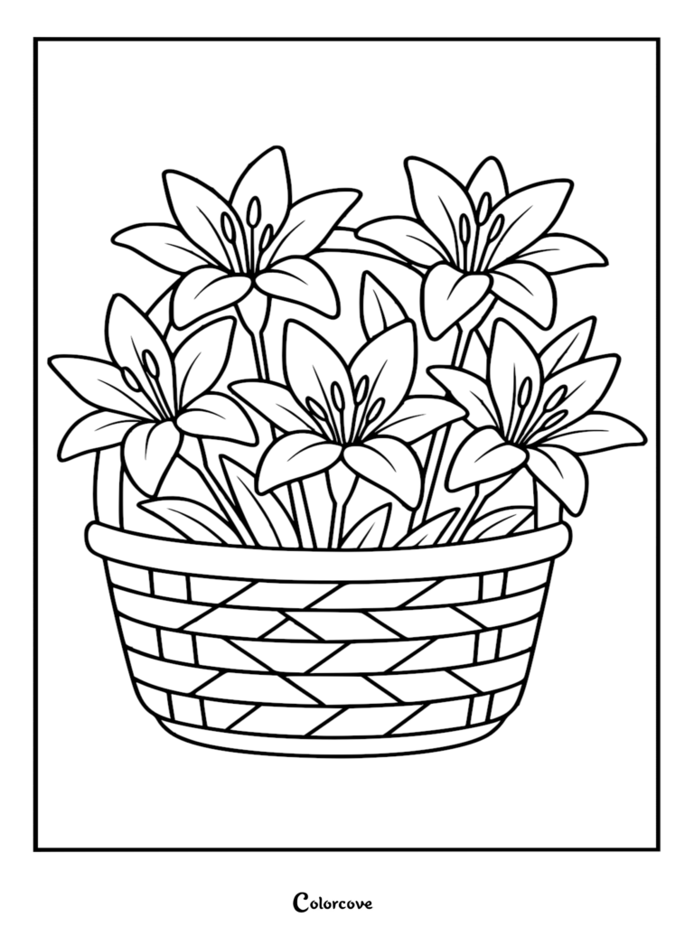 A printable coloring page featuring five elegant lily flowers arranged inside a detailed woven wicker basket.