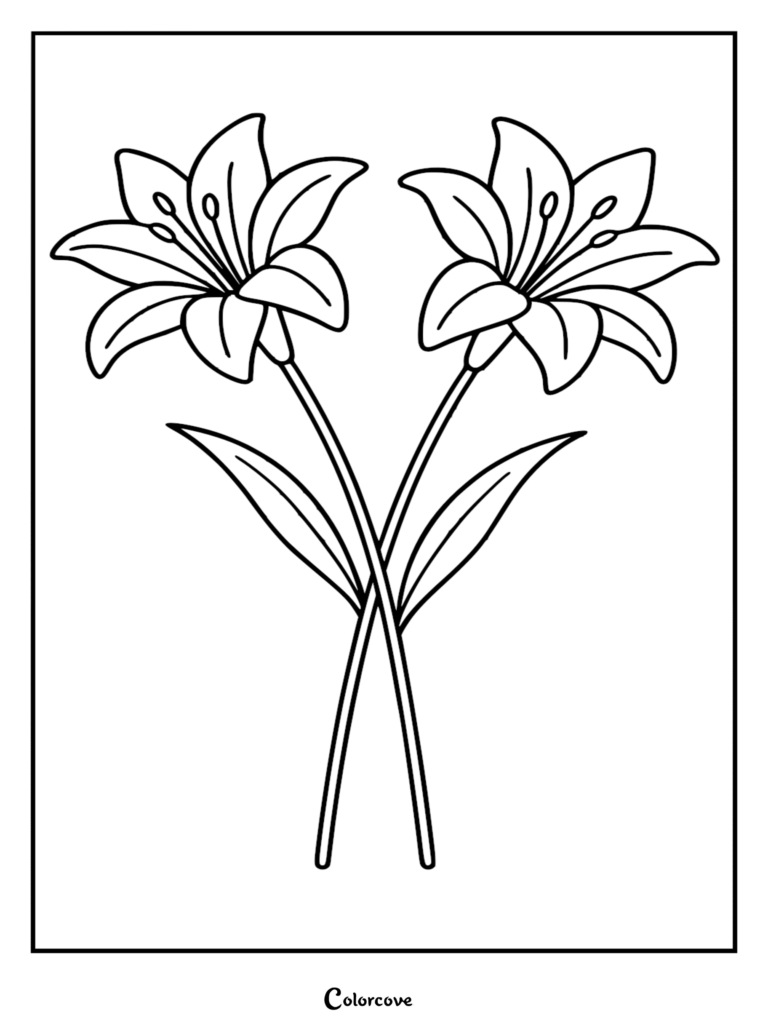 A simple coloring page featuring two crossing stems topped with large blooming lilies and long green leaves.