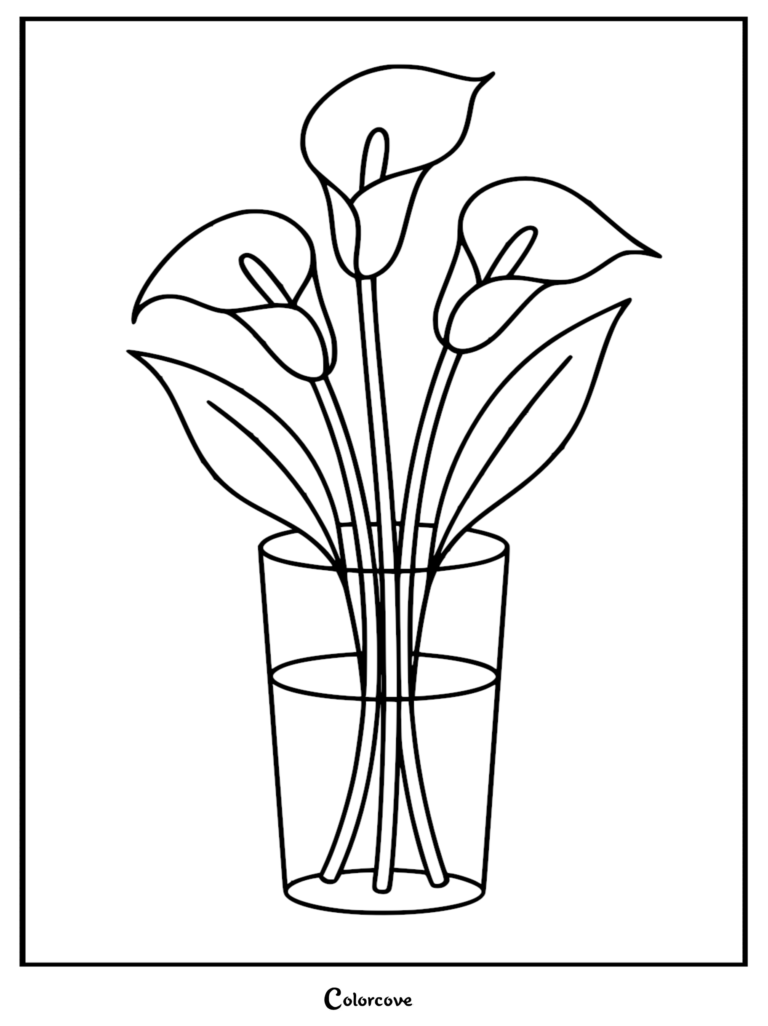 A simple coloring page featuring three calla lilies with elegant trumpet-shaped blooms and long leaves standing inside a clear glass vase.