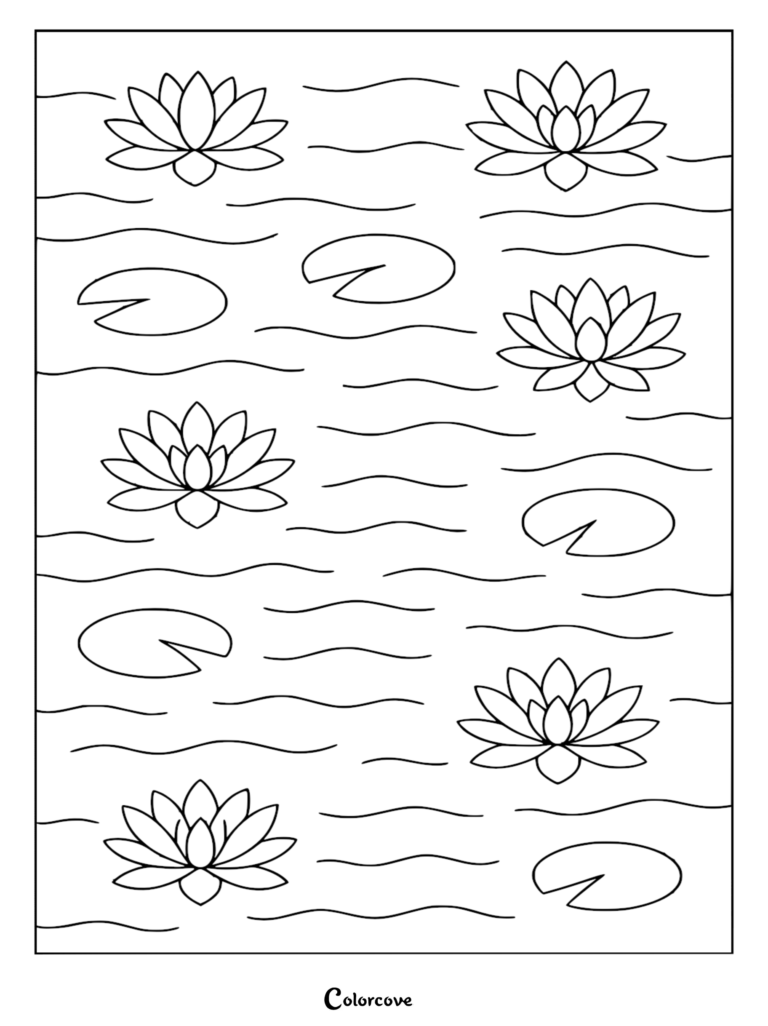 A relaxing pond coloring page featuring blooming water lilies and lily pads floating on gentle rippling water lines.