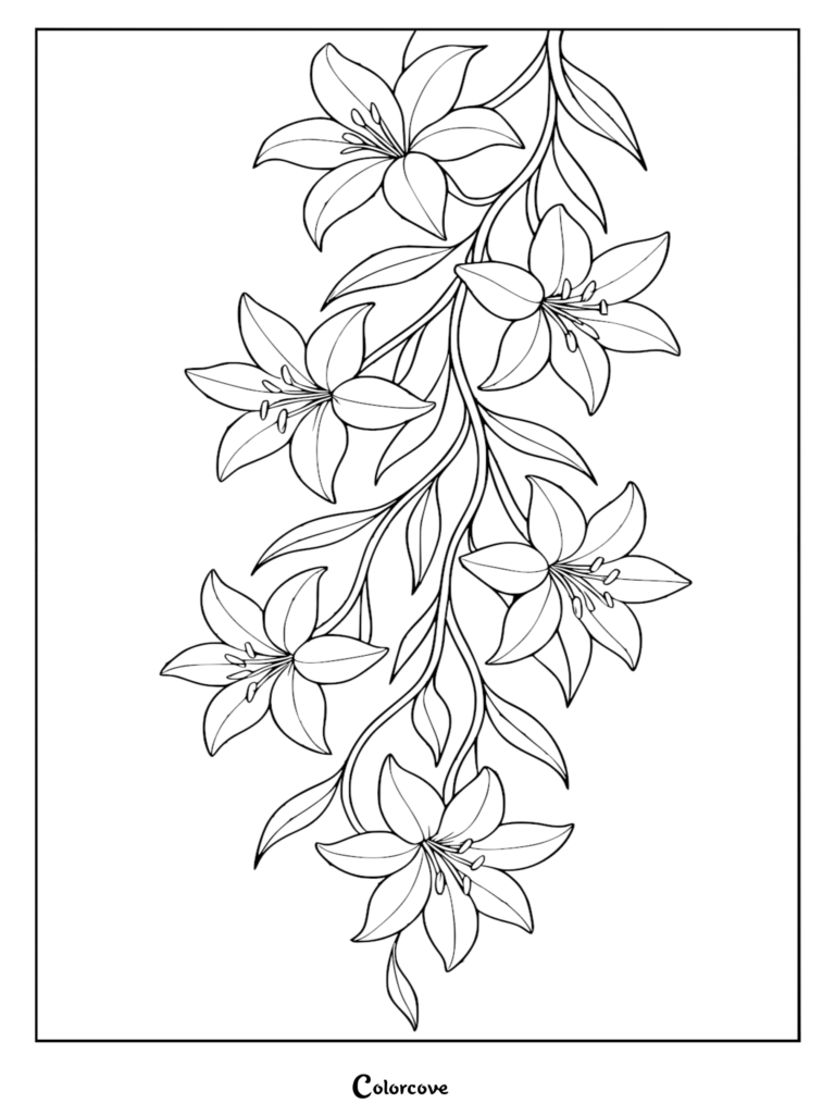 A printable coloring page featuring a vertical branch of five blooming lilies with long, elegant leaves and delicate stamens.
