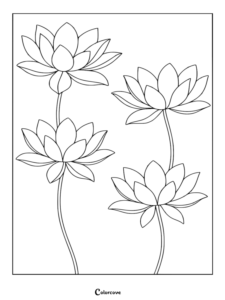 A detailed line art coloring page featuring four blooming lily flowers with layered petals on slender vertical stems.
