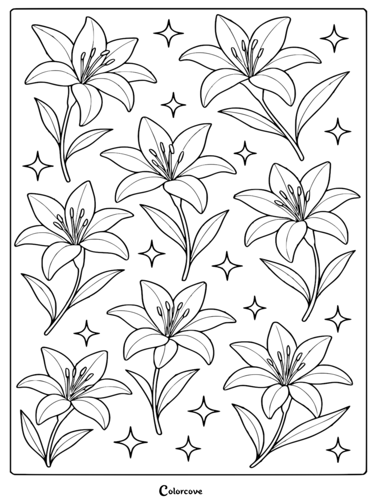A whimsical lily coloring page featuring multiple blooming lily flowers scattered among decorative four-pointed stars.
