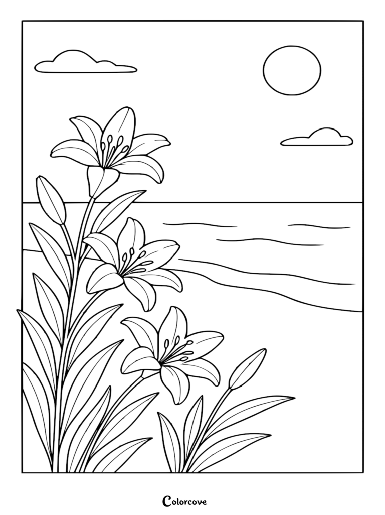Three blooming lilies and closed buds growing on a sandy beach shore with ocean waves, a sun, and clouds in the background, outline coloring page style.
