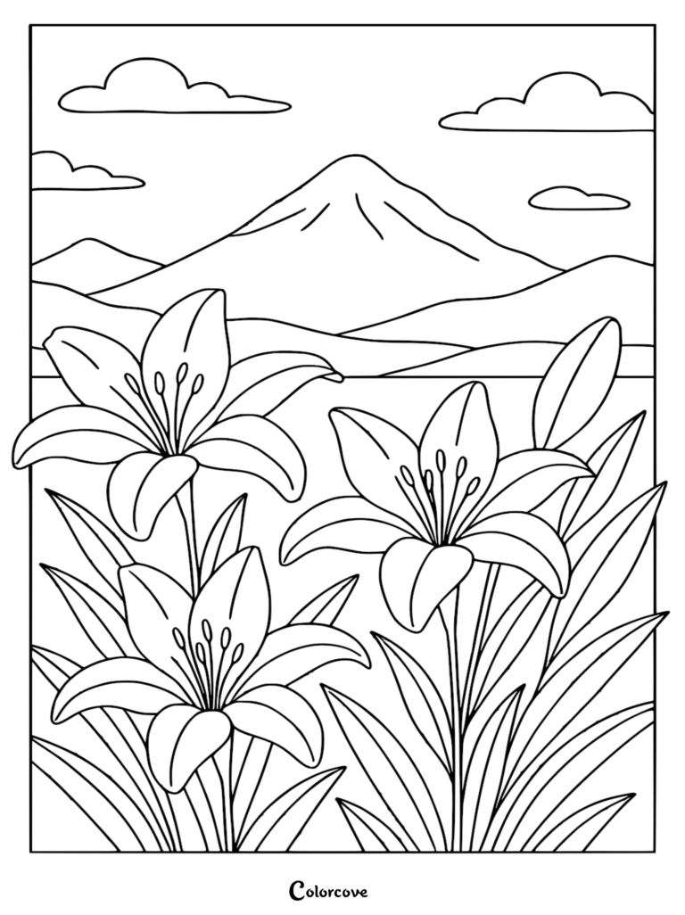 A detailed coloring page featuring three blooming lilies in the foreground with a majestic snow-capped mountain range and clouds in the background.