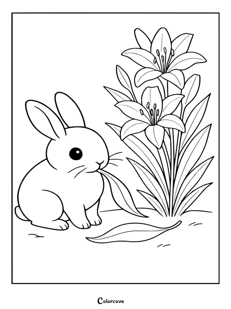 A sweet cartoon rabbit nibbling on a green lily leaf next to two large blooming lilies in this printable coloring page.