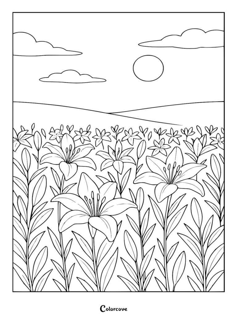 A printable coloring page featuring a lush field of blooming lily flowers under a sunny sky with fluffy clouds.