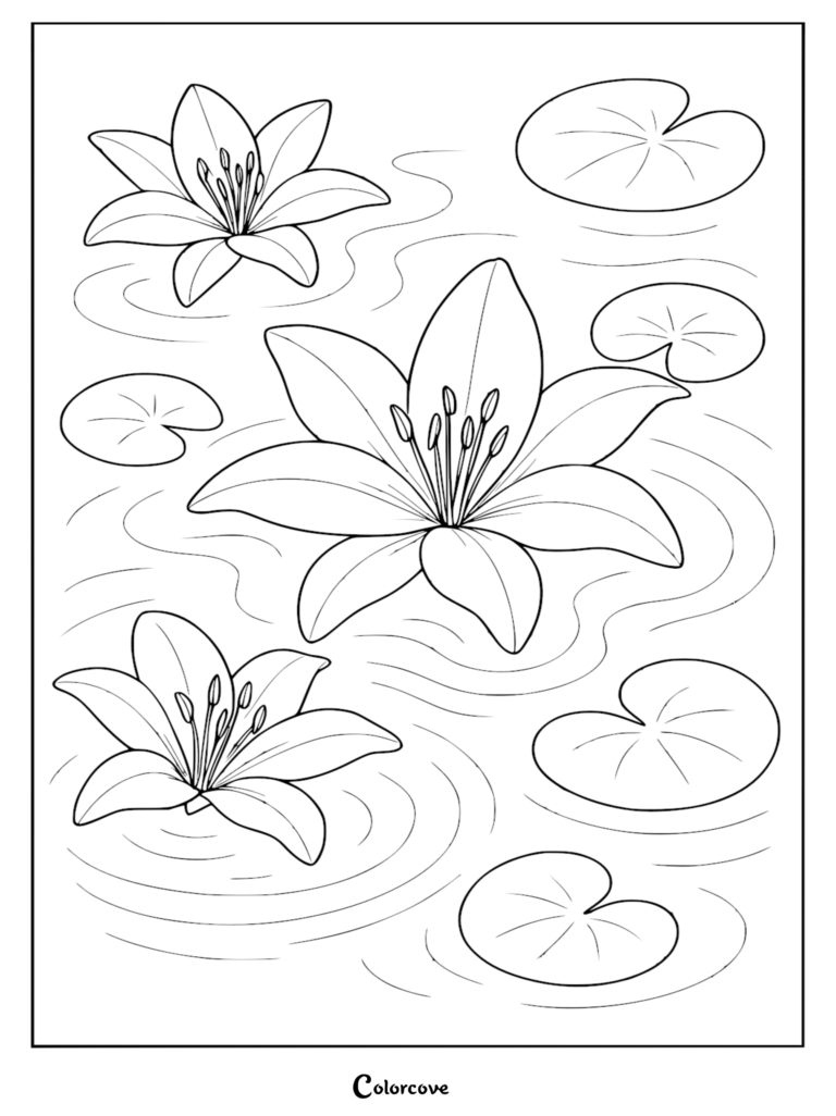 A printable water lily coloring page featuring three blooming lily flowers and four lily pads floating on gentle ripples of pond water.