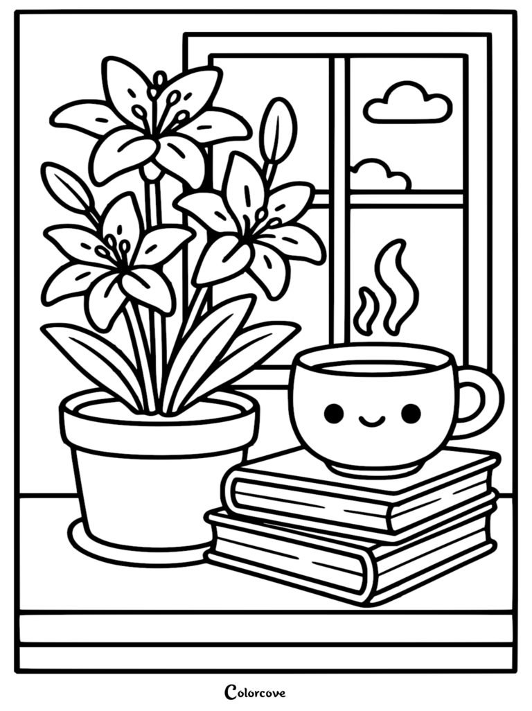 A printable coloring page featuring a potted lily plant next to a smiling kawaii teacup resting on a stack of two books by a window with clouds.