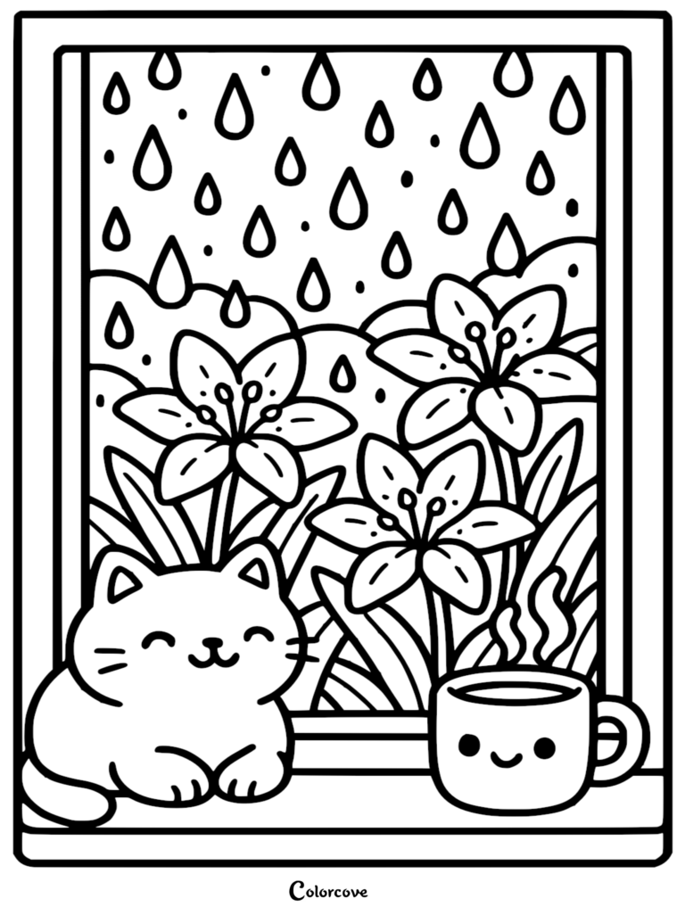 A printable coloring page featuring a happy cartoon cat sitting on a windowsill next to a steaming mug, overlooking a garden of blooming lilies during a rainstorm.