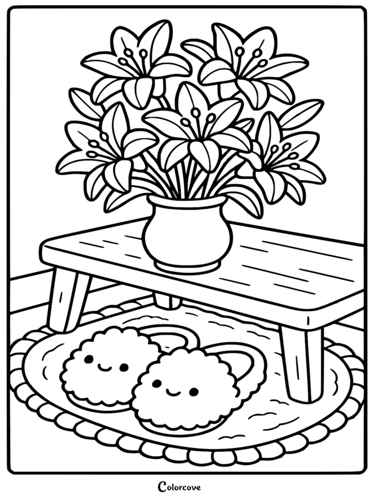 A printable coloring page featuring a bouquet of lilies in a vase on a wooden table with kawaii fuzzy slippers on a round rug underneath.