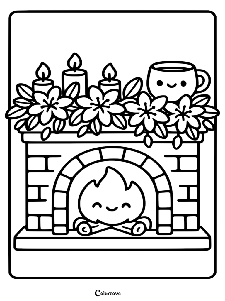 A printable coloring page featuring a brick fireplace with a smiling fire, adorned with blooming lilies, glowing candles, and a cute happy coffee mug.