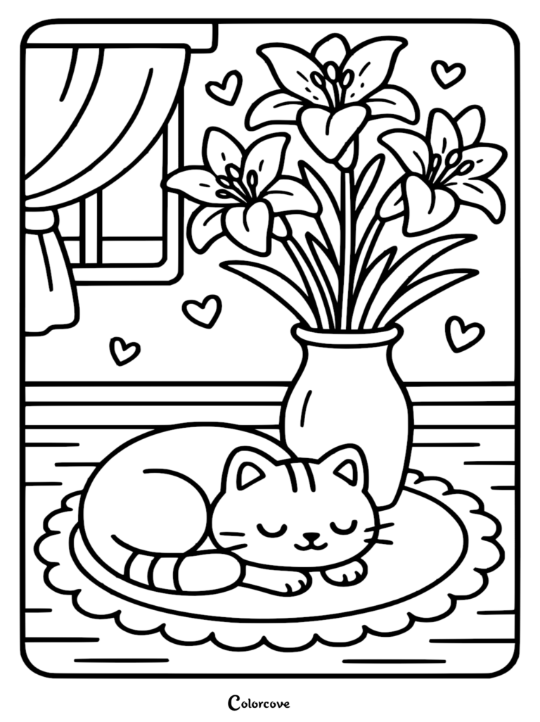 A cute cat sleeping on a round rug beside a vase of blooming lilies, window with curtains and floating hearts in this printable coloring page.