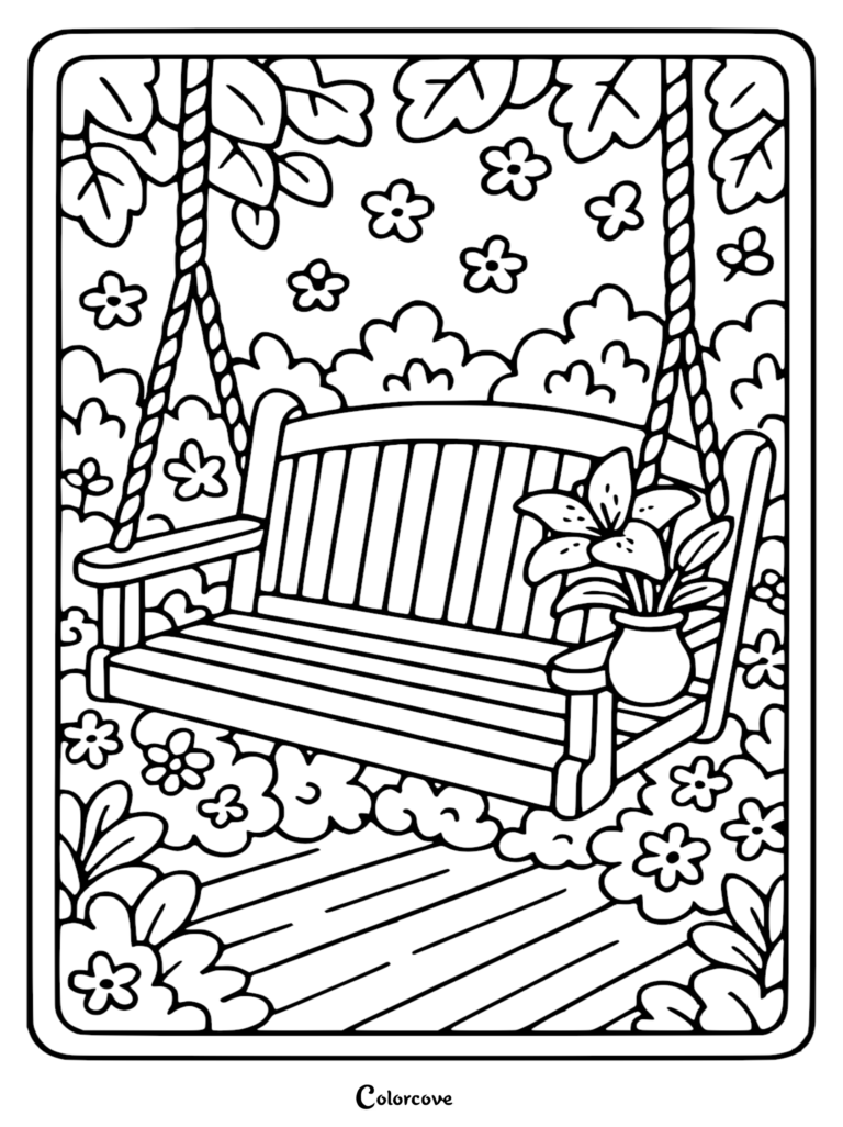A printable coloring page featuring a wooden porch swing hanging from ropes in a lush garden with a pot of lilies sitting on the seat.
