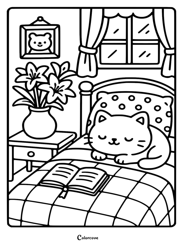 A cute cat sleeping on a bed next to a vase of lilies in a cozy bedroom, featuring an open book and framed bear portrait, line art coloring page.