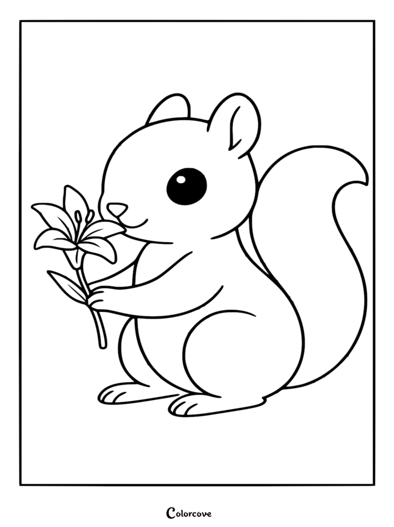 A simple black and white coloring page featuring a cute cartoon squirrel holding a delicate lily flower in its paws.