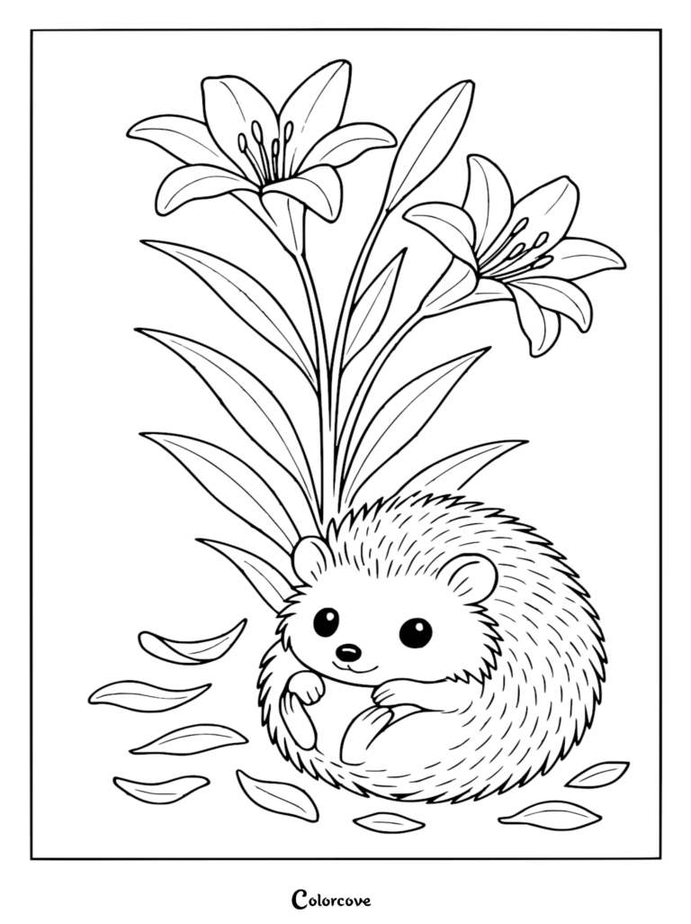 A sweet hedgehog sitting in front of two blooming lilies with fallen petals on the ground in a black and white printable coloring page.
