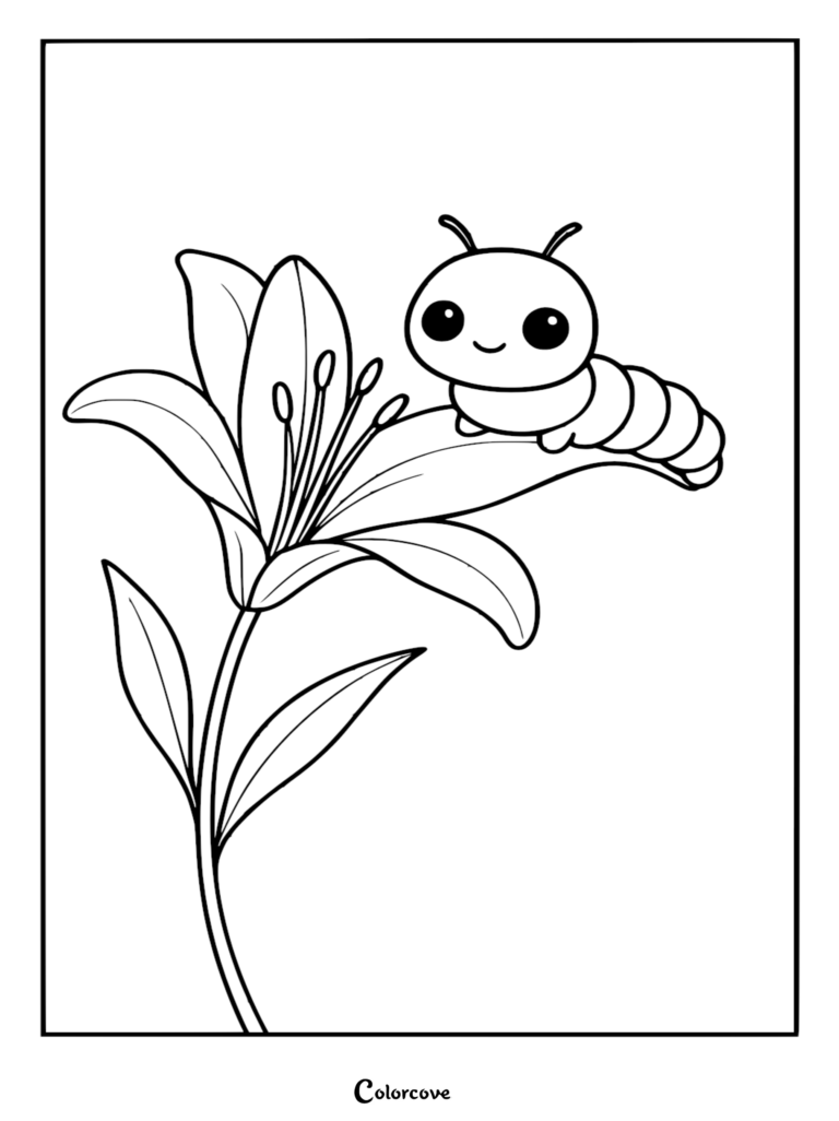 A smiling, round cartoon caterpillar sitting on a blooming lily flower in a clean line art coloring page style.