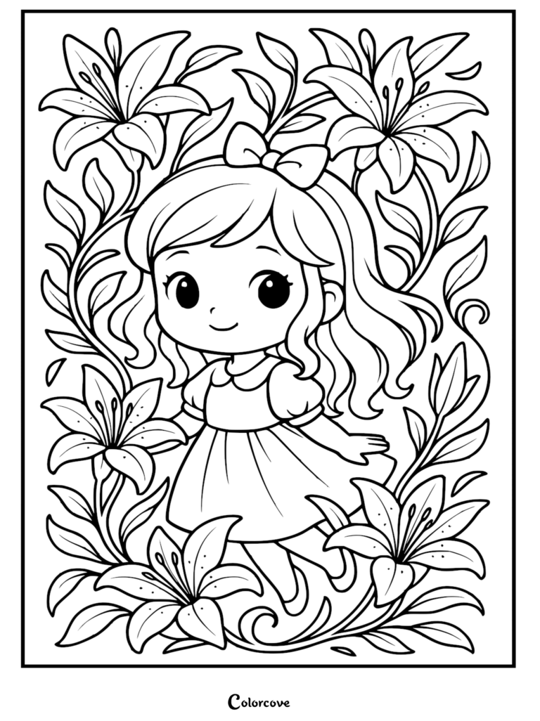 A cute chibi girl with a hair bow standing surrounded by blooming lily flowers, detailed black and white line art coloring page.