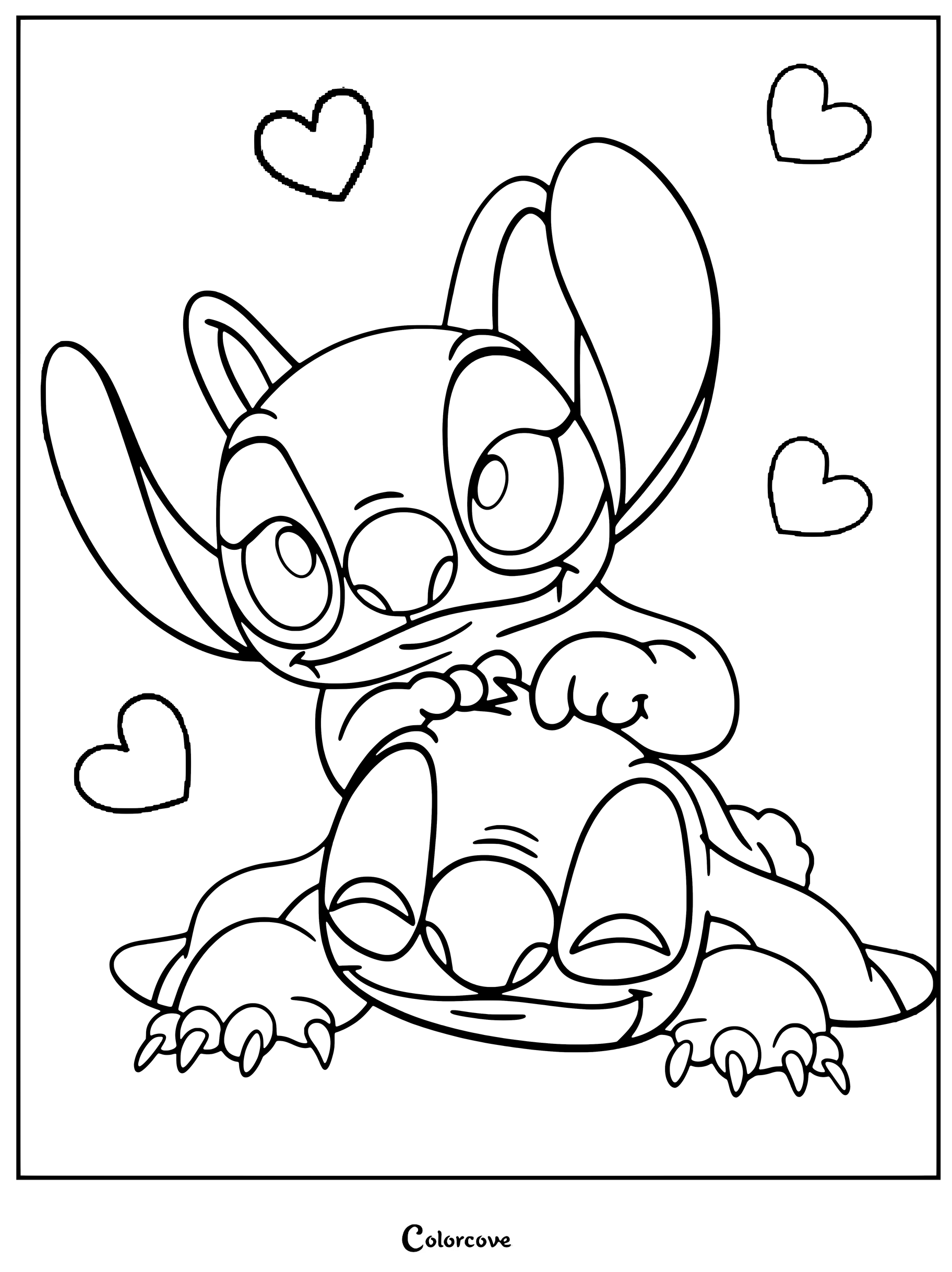 Dibujo para colorear de Ángel y Stitch que muestra a ambos personajes abrazados y rodeados de corazones flotantes.
