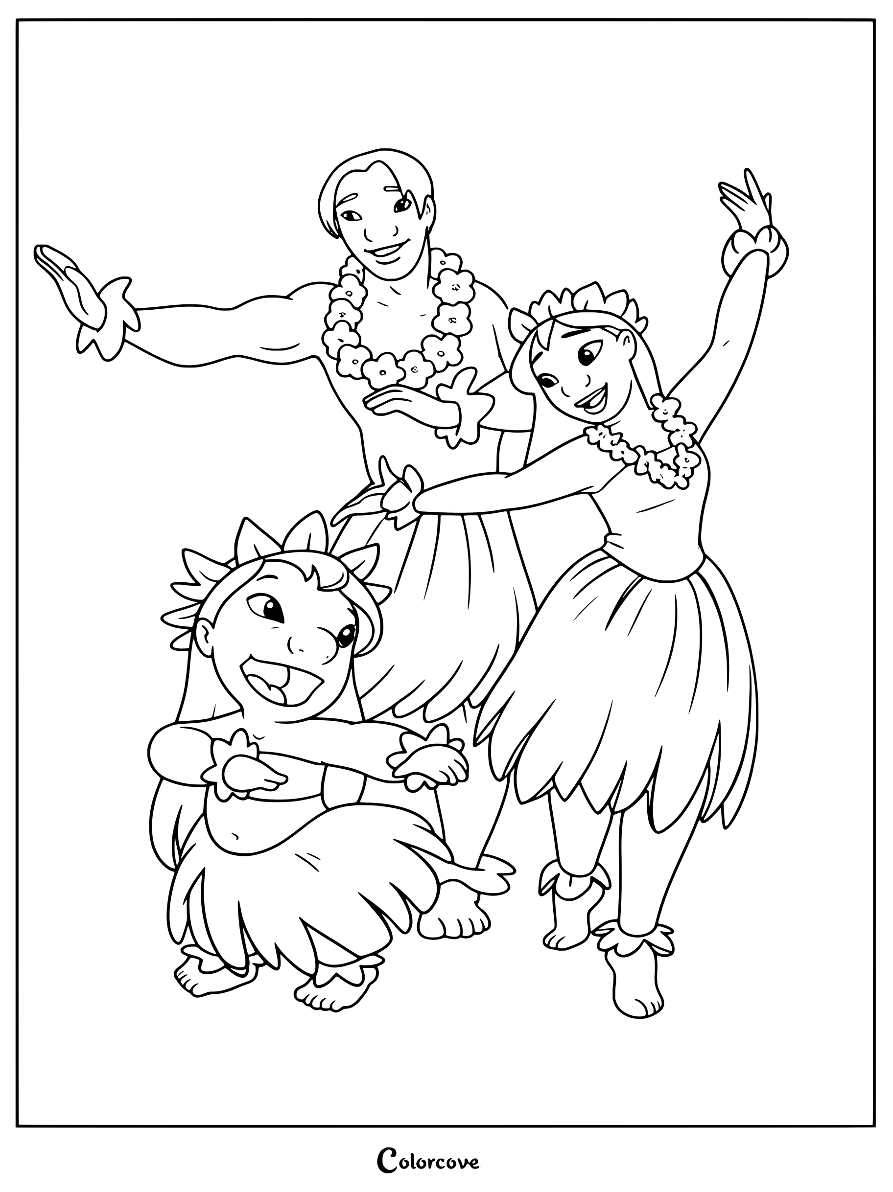 Dibujo para colorear imprimible de Lilo y Stitch con Lilo, David y Nani bailando Hula juntos con faldas de hierba.