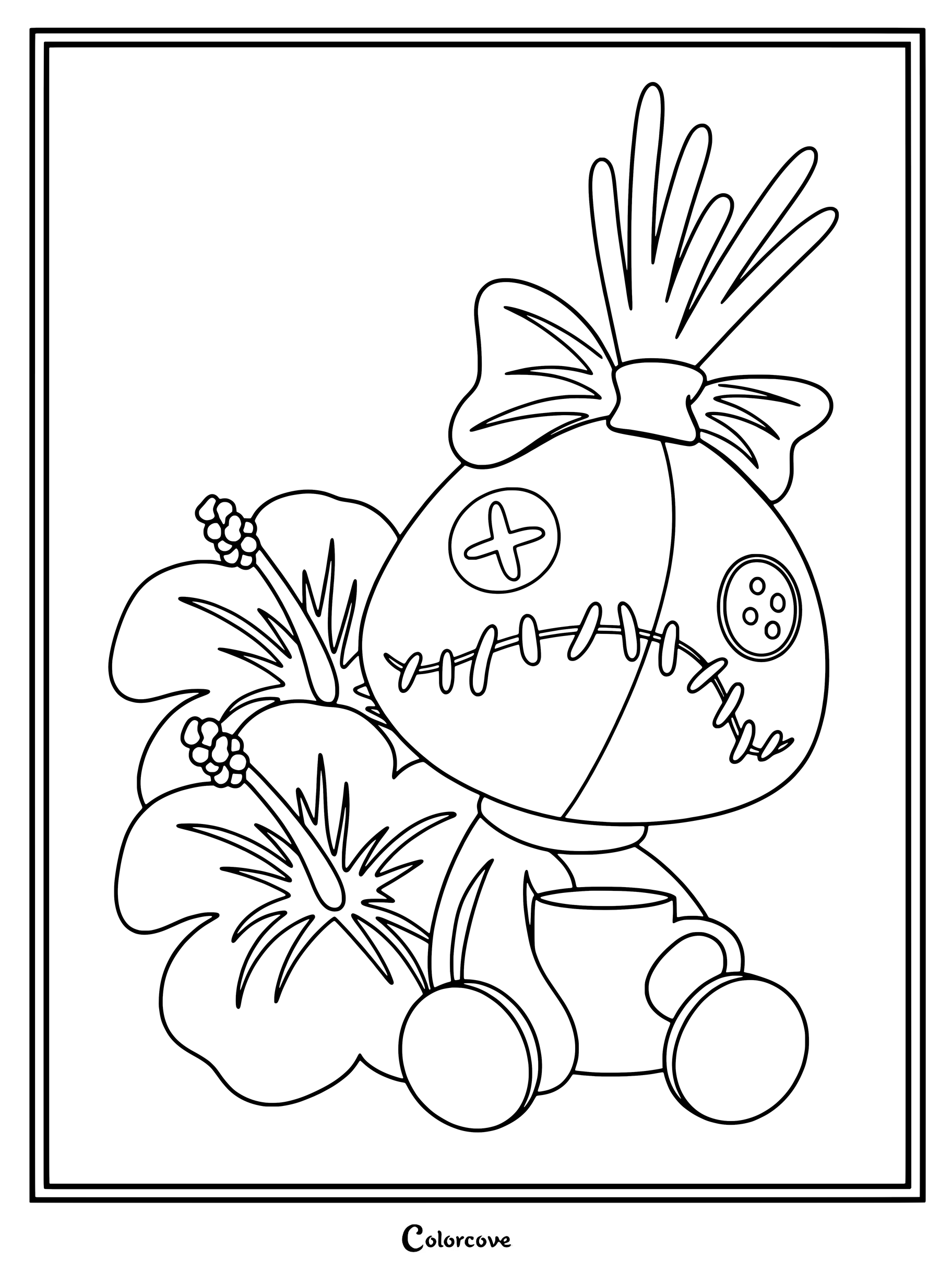 Dibujo para colorear de Lilo y Stitch con Trapos rodeada de flores de hibisco.