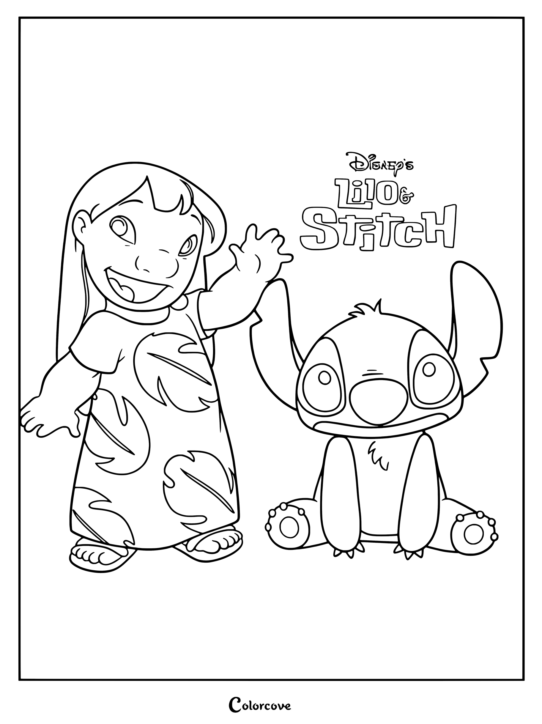 Dibujo para colorear de Lilo y Stitch con Lilo saludando con su vestido de hojas junto a un Stitch sentado.