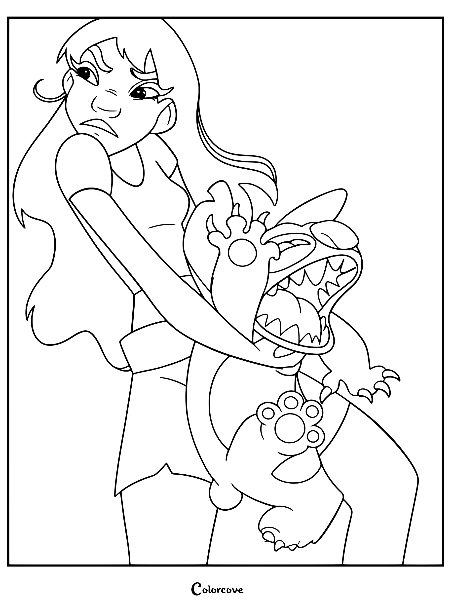 Dibujo para colorear imprimible de Nani Pelekai sosteniendo a un expresivo Stitch de Lilo y Stitch.