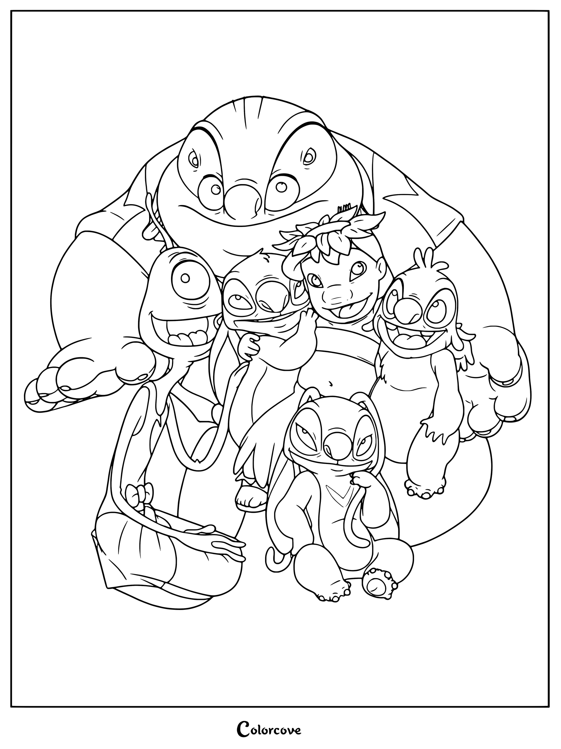 Dibujo para colorear imprimible de Lilo y Stitch con Lilo, Stitch, Dr. Jumba Jookiba, Pleakley, Ángel (Experimento 624) y Reuben (Experimento 625) juntos.