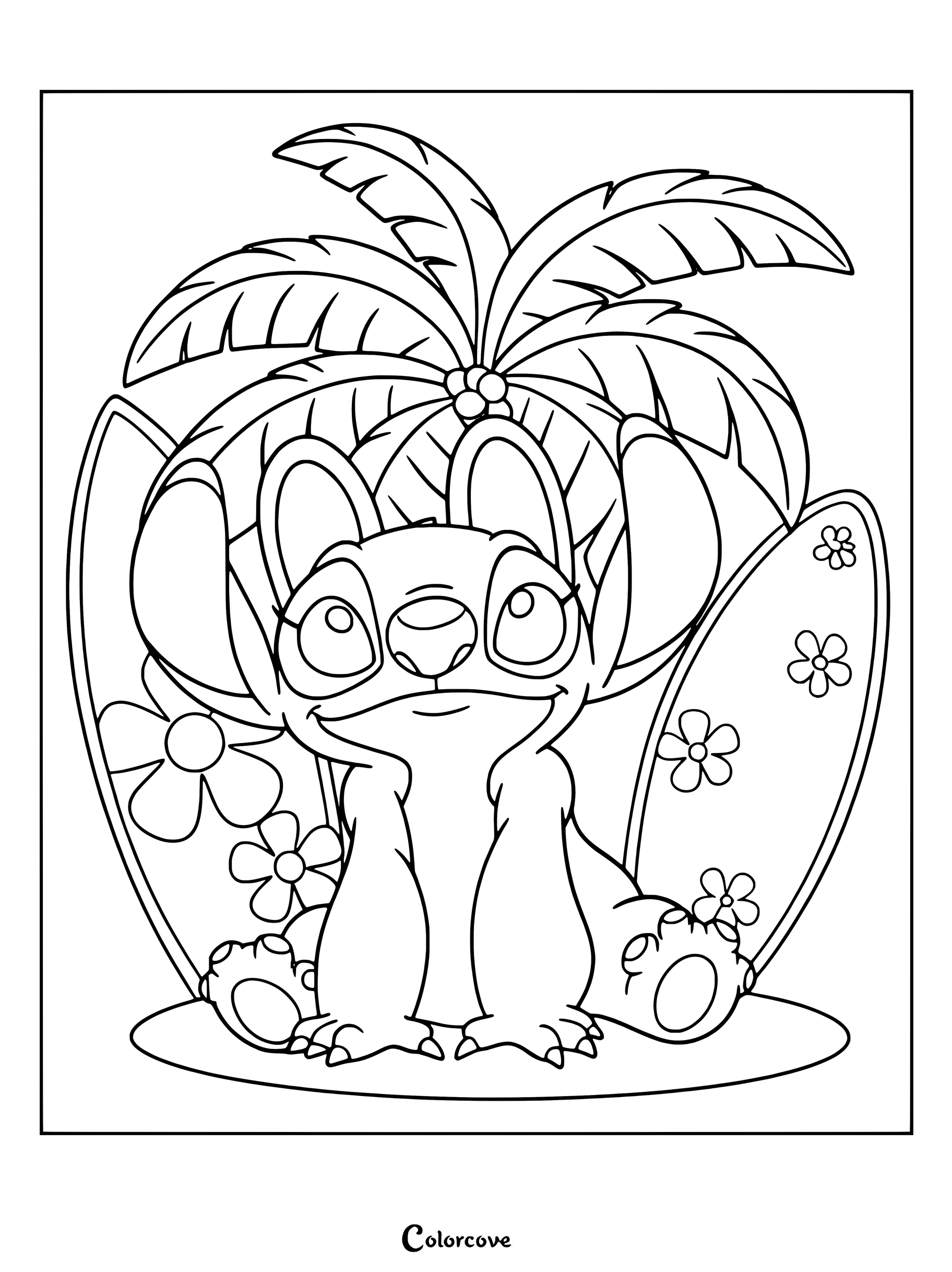 Dibujo para colorear de Lilo y Stitch con Ángel, el personaje alienígena rosa de Disney, sentada en una pequeña isla tropical con tablas de surf y palmeras.